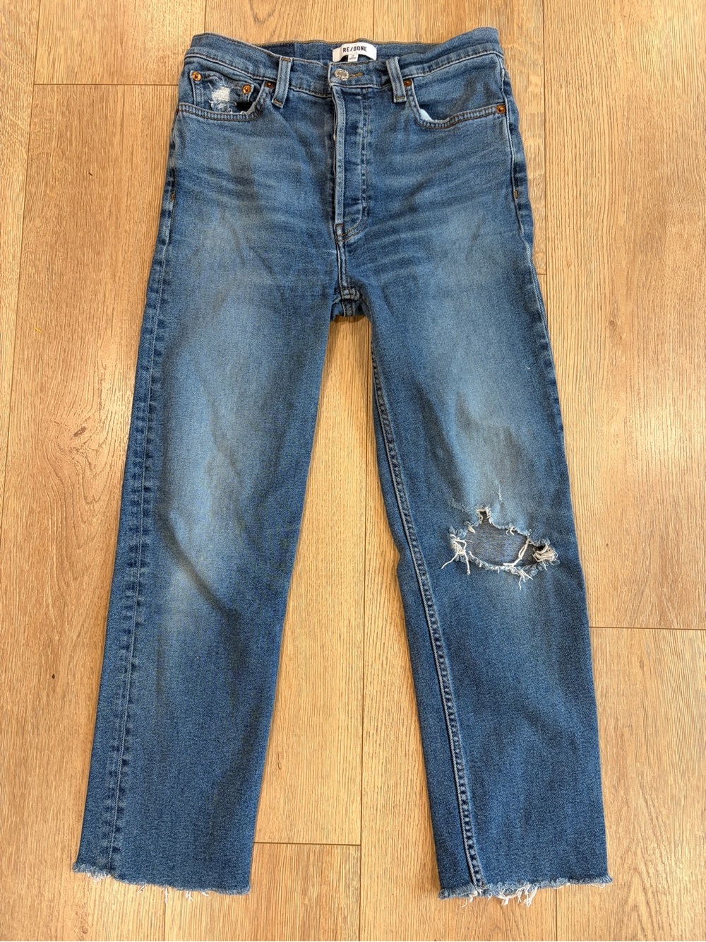 RE/DONE High Rise Distressed Straight Leg Jeans Worn True Indigo Size 28